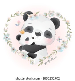 Cute doodle panda with floral illustration