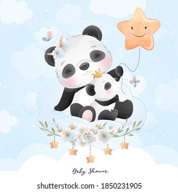 Cute doodle panda with floral illustration