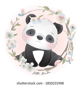 Cute doodle panda with floral illustration