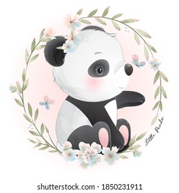 Cute doodle panda with floral illustration