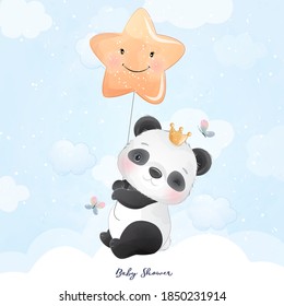 Cute doodle panda with floral illustration