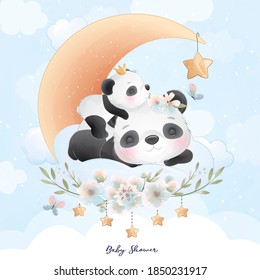 Cute doodle panda with floral illustration