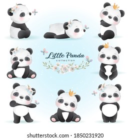 Cute doodle panda with floral illustration