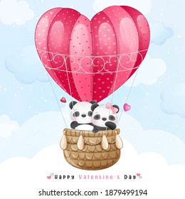 Cute doodle panda flying with air balloon for valentine’s day collection