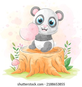 Cute doodle Panda with watercolor illustration