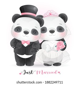 Panda de doodle lindo con ropa de boda para el día de San Valentín