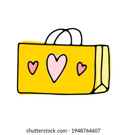 Cute doodle paper shop package. Hand-drawn yellow present bag isolated on white background. Pink Hearts surprise. Holiday, Valentines Day, Happy Birthday gift, Sale symbol. Vector love illustration