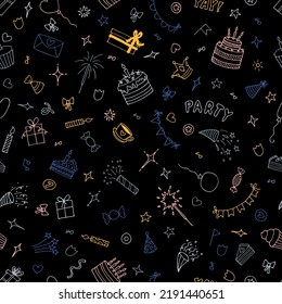 Cute doodle party background. Hand drawn Birthday seamless pattern. Happy Birthday print. Vector illustration