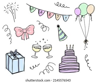 Cute doodle party set. Hand drawn birthday collection.