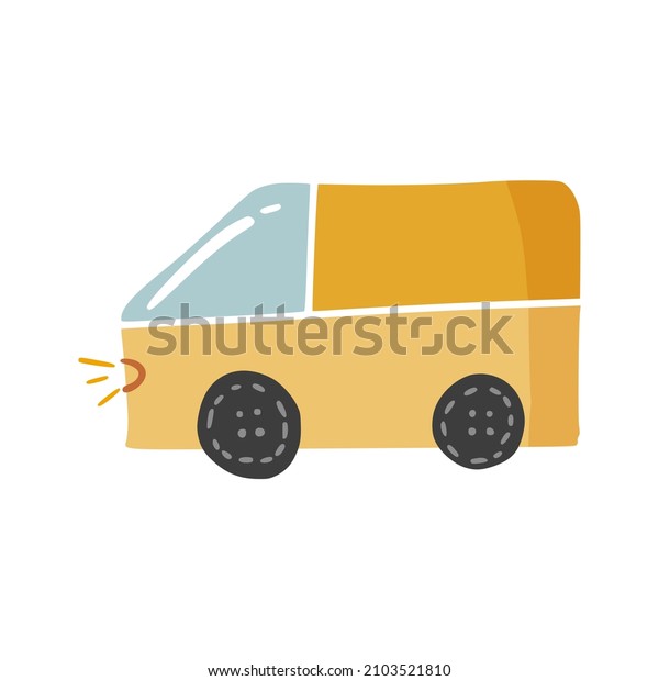 Cute doodle passenger car in hand drawn style,\
design children nursery, room, clothes, map and textile cartoon\
vector illustration, isolated on white. Colorful sketch urban\
vehicle for printing.