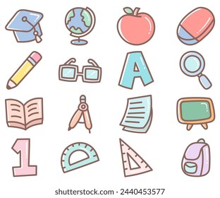 Cute Doodle Paste Color Style School Theme Vector Illustration Collection Set. Editable Line. Adjustable Stroke Width.