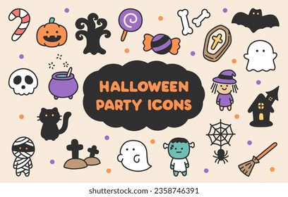 Cute Doodle Pastel Color Hand-Drawn with Stroke Halloween Party Icons Vector for Kids and Children. Can tile this icons in pattern for printing an adorable things. Your baby boy and girl will like it.