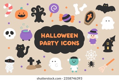 Cute Doodle Pastel Color Hand-Drawn Halloween Party Icons Vector for Kids and Children. Can tile this icons in pattern for printing an adorable gift box paper. Your baby boy and girl will like it.