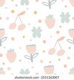 Cute doodle pastel colors fruit, cherry, butterfly, cherry and dots pattern. Cute kids illustration. Good for fabric, wallpaper 