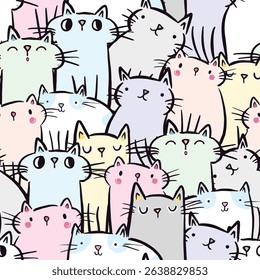Cute doodle pastel kitty cat seamless pattern
