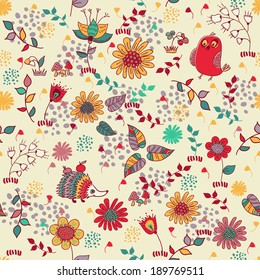 Cute doodle pattern with bird, hedgehog and flowers. Seamless pattern. Funny animals childish design.
