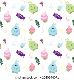 Cute doodle pattern bunnies candies and cakes