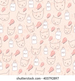 Cute doodle pattern with cats, bottles of milk and slices of fish