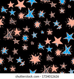  Patrón de Doodle.Fondo infantil para impresión, decoración o tarjeta. Coloridas franjas estrelladas de estilo sencillo. Fondo de Doodle con estrellas. Estrellas Primitivas impecables. Patrón sin problemas para los niños.