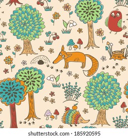 Cute doodle pattern with fox, bird and hedgehog in forest. Seamless pattern. Funny animals childish design.