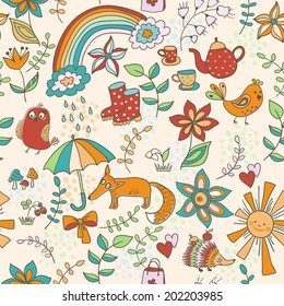 Cute doodle pattern with fox, bird and hedgehog in forest. Seamless pattern for web and graphic design, textile. Funny animals childish design.