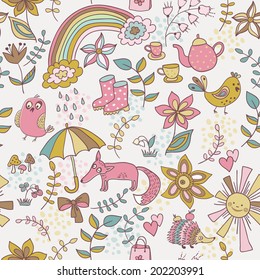 Cute doodle pattern with fox, bird and hedgehog in forest. Seamless pattern for web and graphic design, textile. Funny animals childish design.