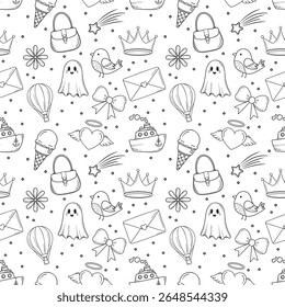 Cute doodle pattern with handbags, crowns, hearts with wings, ghosts, birds, and more. Whimsical and fun vector design.
