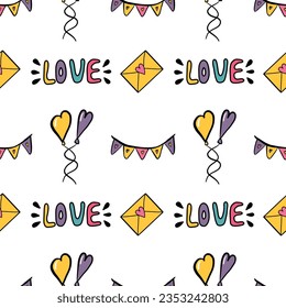 Cute doodle pattern with lettering love envelope balloons heart hand drawn vector illustration