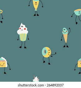 Cute doodle pattern with live cakes, ice cream, coffee and other desserts