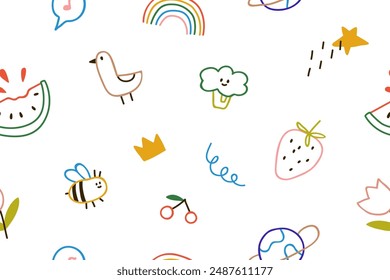 Cute doodle pattern. Seamless background design, hand-drawn colorful comic art. Childish kids sketches, drawings, texture for fabric, textile, wallpaper, wrapping. Colored flat vector illustration