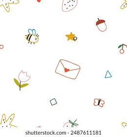Cute doodle pattern. Seamless background, colorful scribbles, kids drawings. Childish design, repeating print, funny hand-drawn texture. Flat vector illustration for childs textile, fabric, wrapping