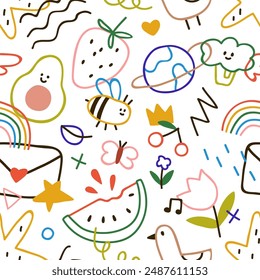 Cute doodle pattern. Seamless childish background, colorful fun drawings. Creative kids hand-drawn sketches, scribbles, endless design, print for fabric, wallpaper, wrapping. Flat vector illustration
