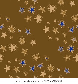 Cute Doodle Pattern. Seamless Primitive Stars. Doodle Background with Stars. Childish Background for Print, Decoration or Card. Colorful Starry Stripes in Simple Style. Seamless Pattern for Children.