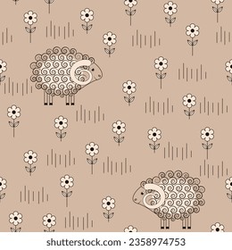 Cute doodle pattern with sheep in the meadow. Vector