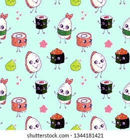 Cute Doodle Pattern with Sushi and Maki Rolls from Japanese Food for Kids Menu