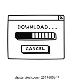 Cute doodle PC window with download process in Y2k aesthetic. Retro computer interface with button from 90s and 00s. Hand drawn popup element isolated on white. Nostalgia for vintage 1990s vibes.