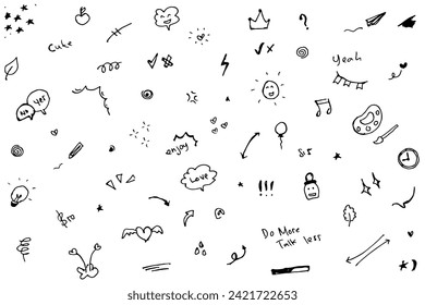 Cute Doodle pen line elements. Heart, bubble, doodle, arrow, star, icon, shiny ornaments set. Simple drawing in line style sketch, attention, lettering, text, pattern elements. Vector illustration