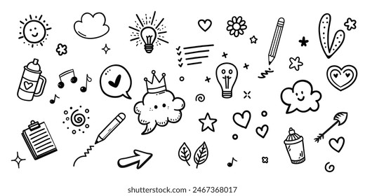 Cute Doodle pen line elements. Hand drawn doodle sketch style circle, cloud speech bubble grunge element set. Arrow, star, heart brush decoration. Vector illustration.