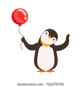 Cute Doodle Penguin Character Is Holding A Red Baloon On A White Background vector