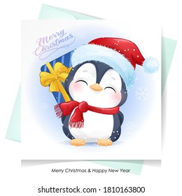 Cute doodle penguin for christmas with watercolor illustration