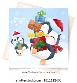 Cute doodle penguin for christmas with watercolor illustration