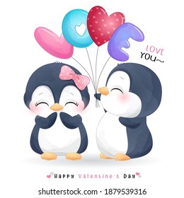 Pingüino de doodle lindo para el día de San Valentín