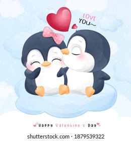 Cute doodle penguin for valentine’s day