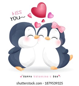 Cute doodle penguin for valentine’s day