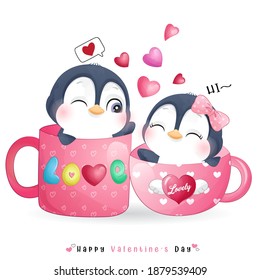Cute doodle penguin for valentine’s day