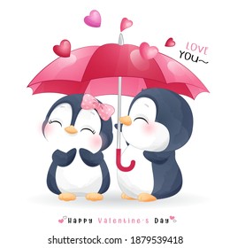 Cute doodle penguin for valentine’s day