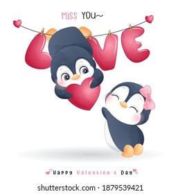 Cute doodle penguin for valentine’s day