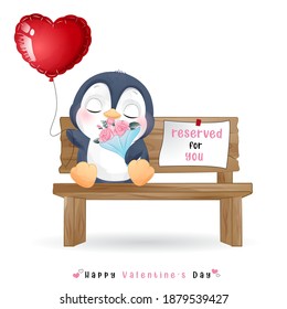 Cute doodle penguin for valentine’s day