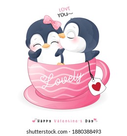 Cute doodle penguin for valentine’s day