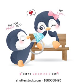 Cute doodle penguin for valentine’s day